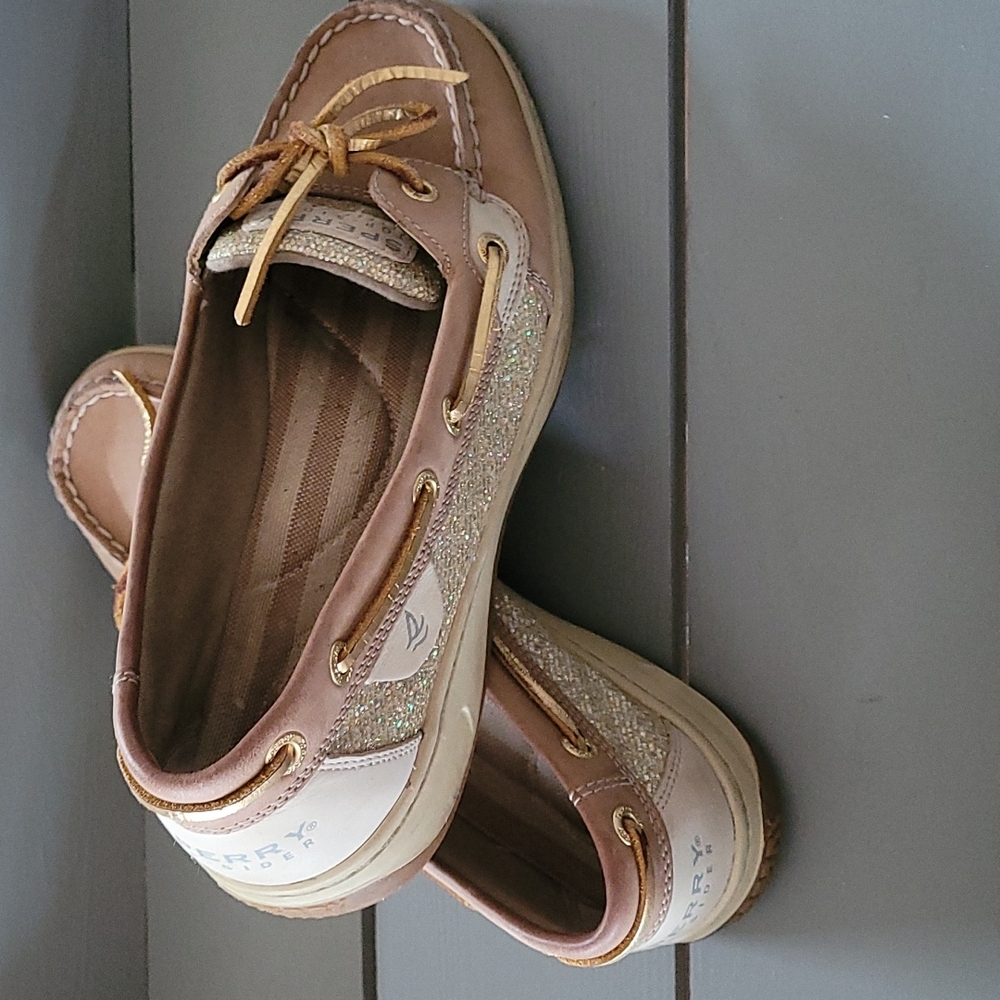 Sperry 8.5 Top Sider Boat Shoe Women's Tan with Gold Glitter Leather Shoe